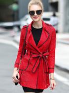 Romwe Red Lapel Long Sleeve Tie-waist Pockets Lace Coat