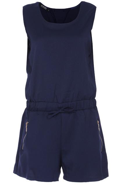 Romwe Zippered Self-tied Bowknot Sheer Dark-blue Playsuit