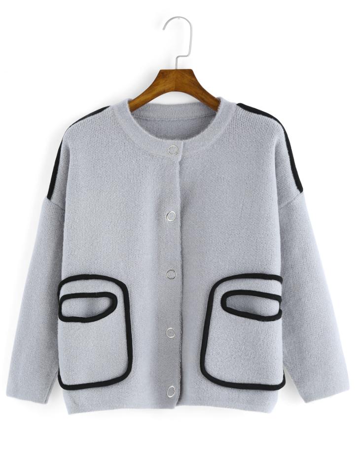 Romwe Round Neck Buttons Pockets Coat