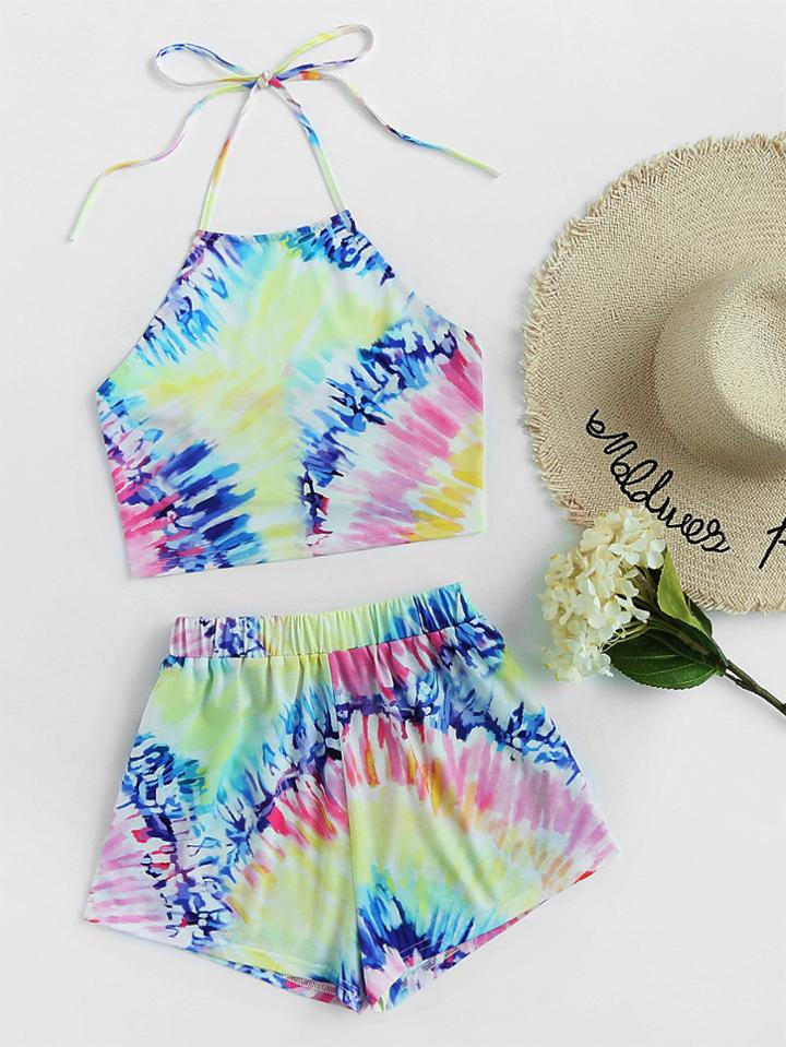 Romwe Bow Back Tie Dye Halter Top With Shorts