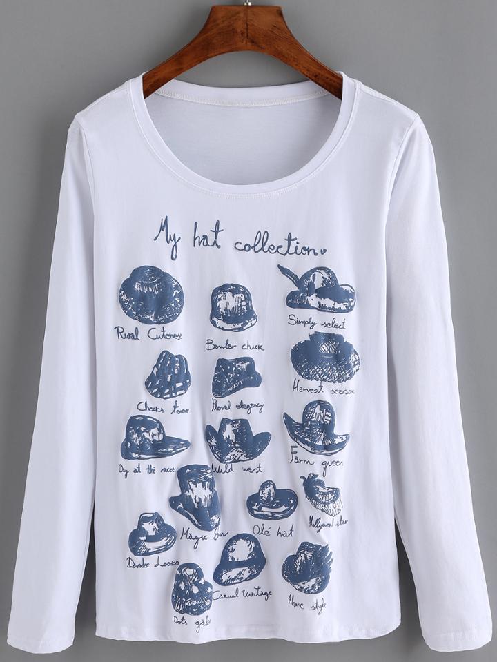 Romwe Round Neck Hats Print T-shirt