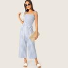Romwe Two Tone Knot Shoulder Frill Smocked Striped Jumpsuit