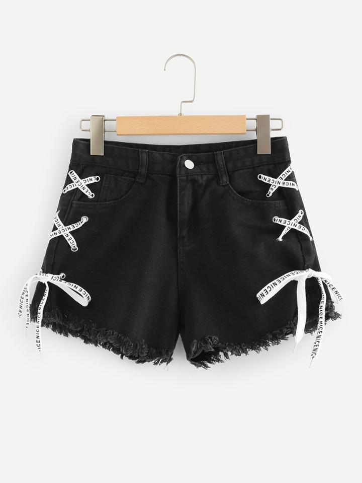 Romwe Frayed Hem Lace Up Side Denim Shorts