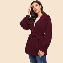 Romwe Button Front Scallop Trim Belted Coat