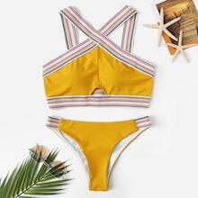 Romwe Cross Striped Straps Top With Low Rise Bikini Set