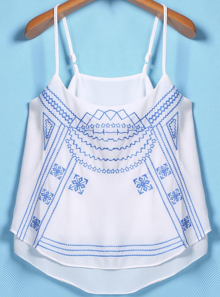 Romwe Spaghetti Strap Embroidered Chiffon White Vest