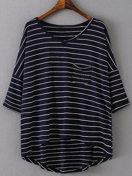 Romwe Navy V Neck Dip Hem Pocket Stripe T-shirt