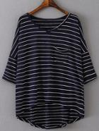 Romwe Navy V Neck Dip Hem Pocket Stripe T-shirt