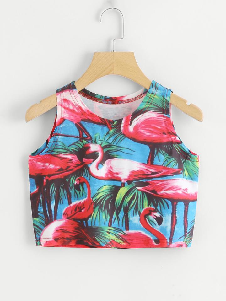 Romwe Flamingo Print Crop Top