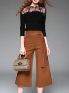 Romwe Black Brown Sheer Knit Top With Tie-waist Pants