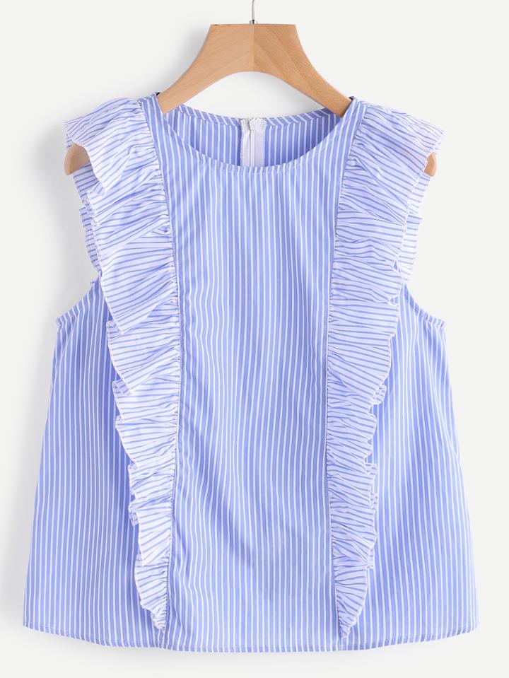 Romwe Ruffle Cap Sleeve Zip Back Striped Top
