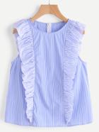 Romwe Ruffle Cap Sleeve Zip Back Striped Top