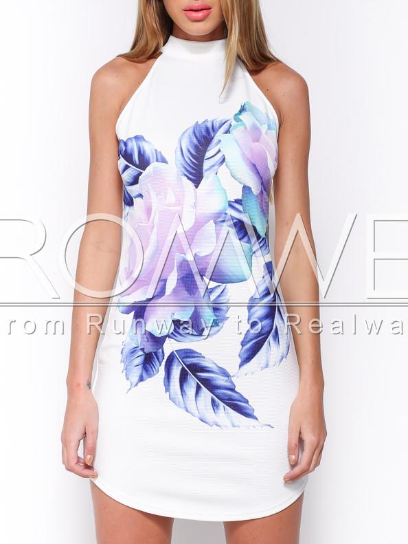 Romwe White Sleeveless Flower Print Dress