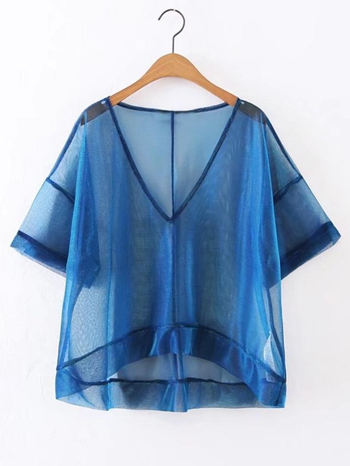 Romwe V-neckline High Low Sheer Top