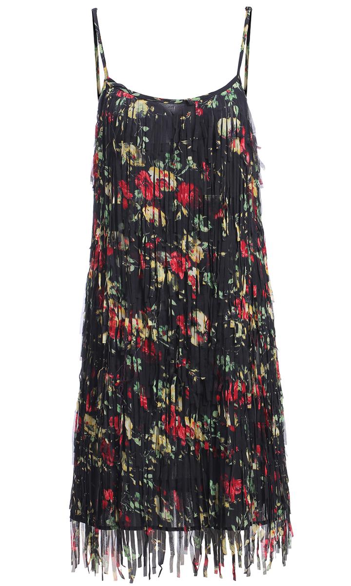 Romwe Spaghetti Strap Floral With Tassel Pleated Dress