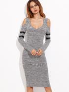 Romwe Grey Marled Knit Cold Shoulder Striped Sleeve Pencil Dress
