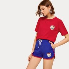 Romwe Patched Top With Drawstring Waist Shorts
