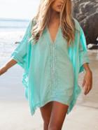 Romwe Blue V Neck Crochet Beach Dress