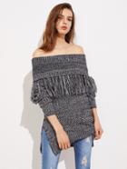 Romwe Fringe Trim Foldover Off Shoulder Marled Knit Jumper
