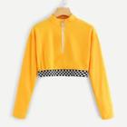 Romwe Checkered Trim Zip Up Tee