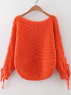 Romwe Orange Ribbed Lace Up Sleeve Loose Sweater