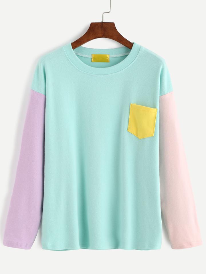 Romwe Color Block Dropped Shoulder Seam Patch Pocket T-shirt