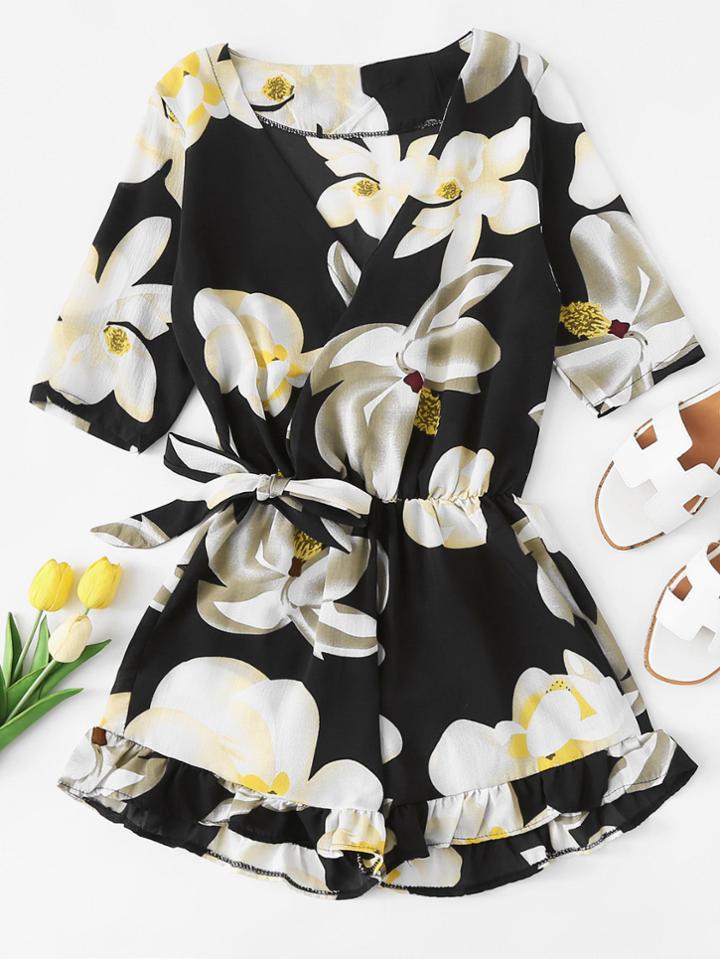 Romwe Floral Print Wrap Ruffle Hem Romper