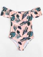 Romwe Palm Print Off The Shoulder Swimsuit