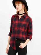 Romwe Red Plaid Single Breasted Blouse With Pockets