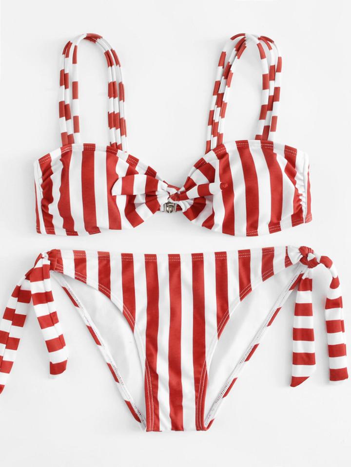 Romwe Tie Side Striped Bikini Set