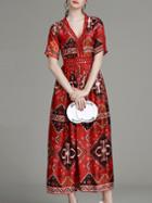 Romwe Burgundy V Neck Tribal Print A-line Dress