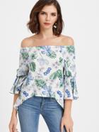 Romwe Floral Print Bell Sleeve High Low Blouse