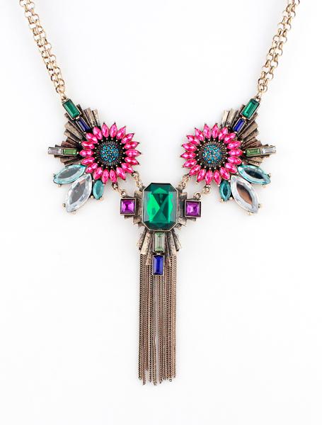Romwe Red Green Gemstone Retro Gold Chain Tassel Necklace