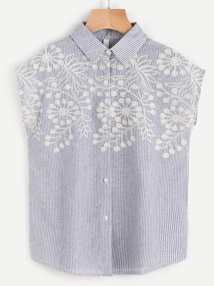 Romwe Pinstriped Embroidered Curved Hem Blouse