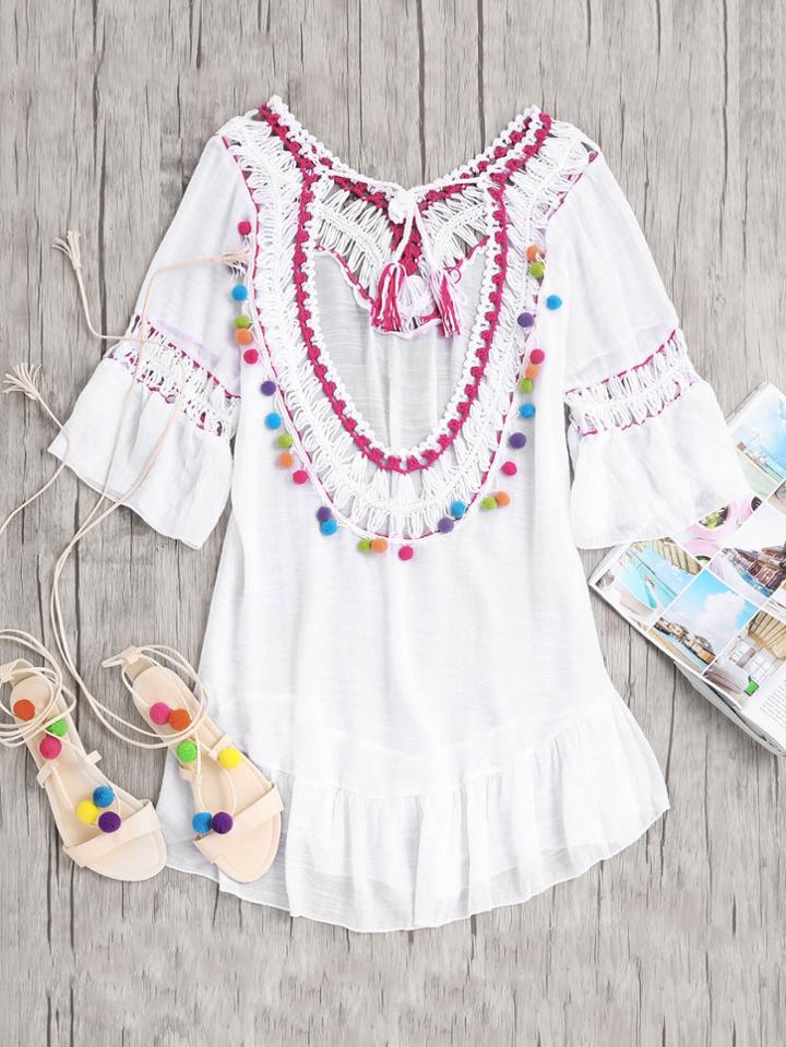 Romwe Open Back Self Tie Pom Pom Crochet Frill Hem Dress