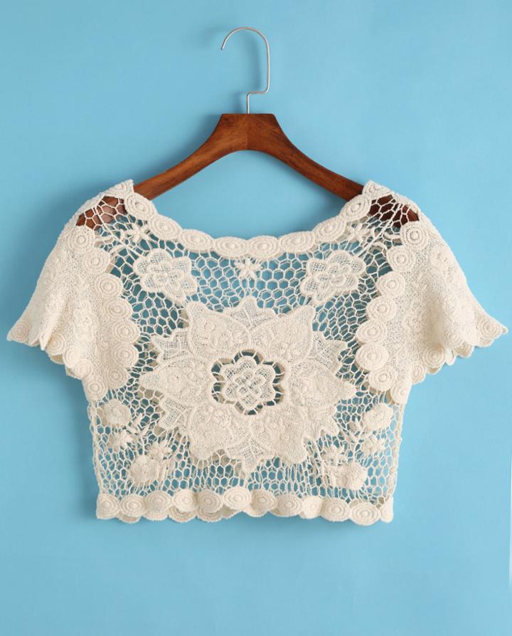 Romwe Floral Crochet Hollow Apricot Top