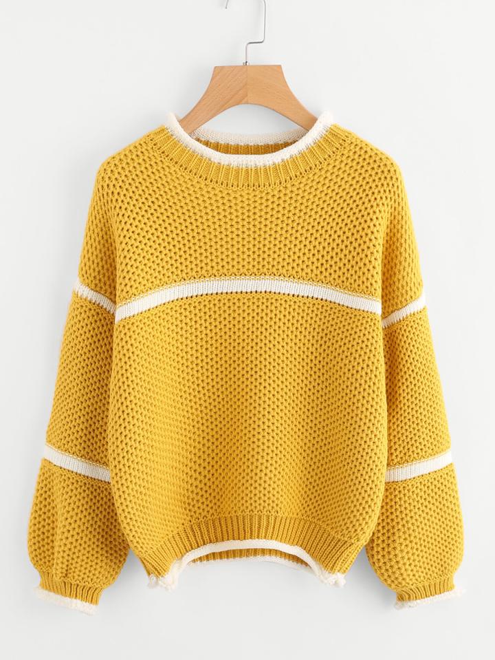 Romwe Waffle Knit Lantern Sleeve Striped Sweater