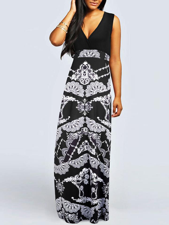 Romwe Plunge Neck Flower Print Maxi Dress