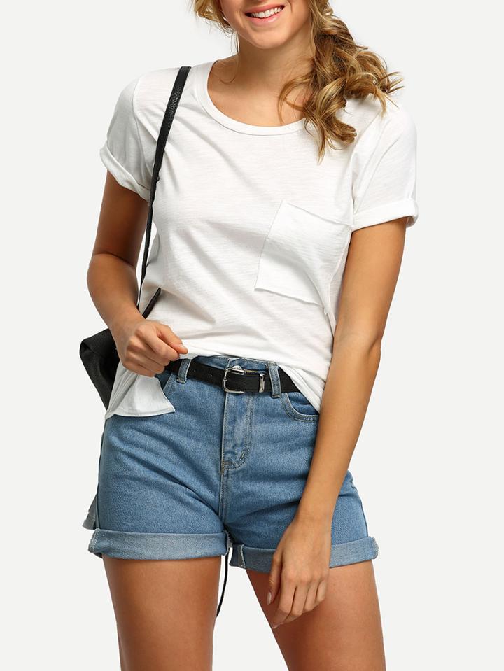 Romwe White Dip Hem Split Pocket T-shirt