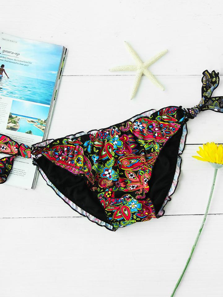 Romwe Calico Print Frill Trim Bikini Bottom