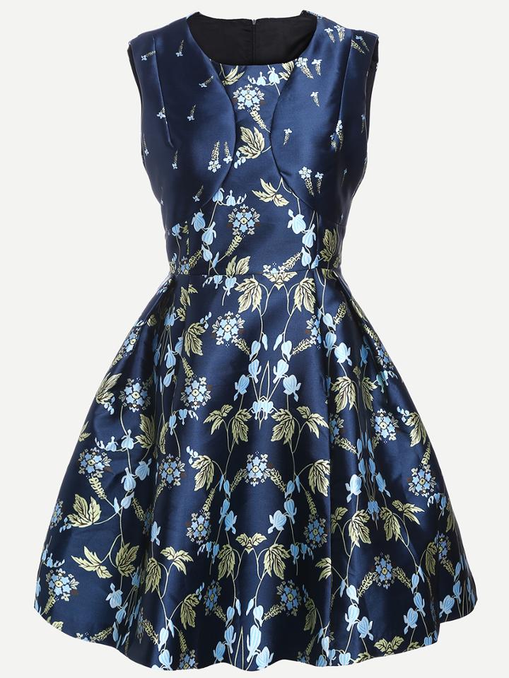 Romwe Navy Sleeveless Florals Flare Dress