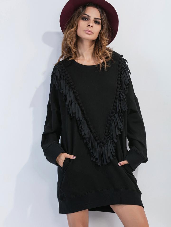 Romwe Black Drop Shoulder Fringe Pom Pom Trim Sweatshirt Dress