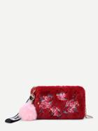 Romwe Calico Embroidery Faux Fur Chain Bag