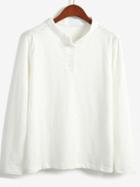 Romwe Stand Collar Buttons White T-shirt