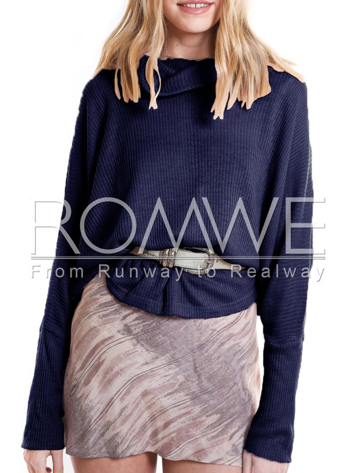 Romwe Navy Long Sleeve Split Back T-shirt