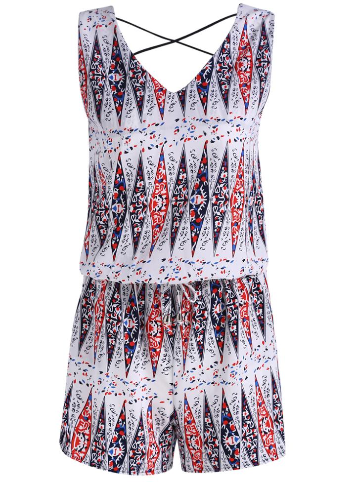 Romwe V Neck Geometric Print Top With Shorts