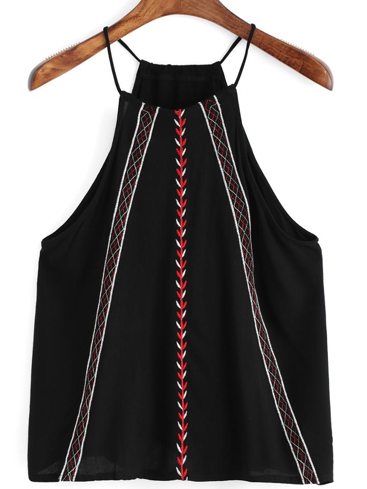 Romwe Spaghetti Strap  Embroidered Black Cami Top
