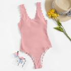 Romwe Scallop Edge Lace-up Back One Piece Swimsuit