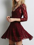 Romwe V Neck Lace Skater Wine Red Dress