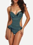 Romwe Blue Striped Cutout One-piece Swimwear